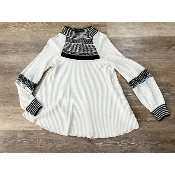 Free People Sz XS Balloon Sleeve Thermal Tank Top White Black Crochet Mock Neck - Picture 6 of 16